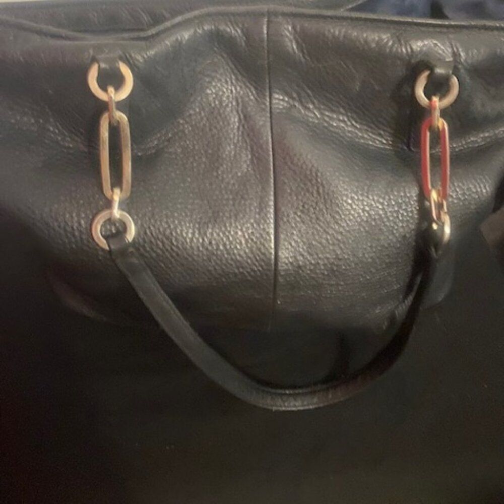 Coach Black Leather Tote with Gold Chain Accents - Picture 4 of 16